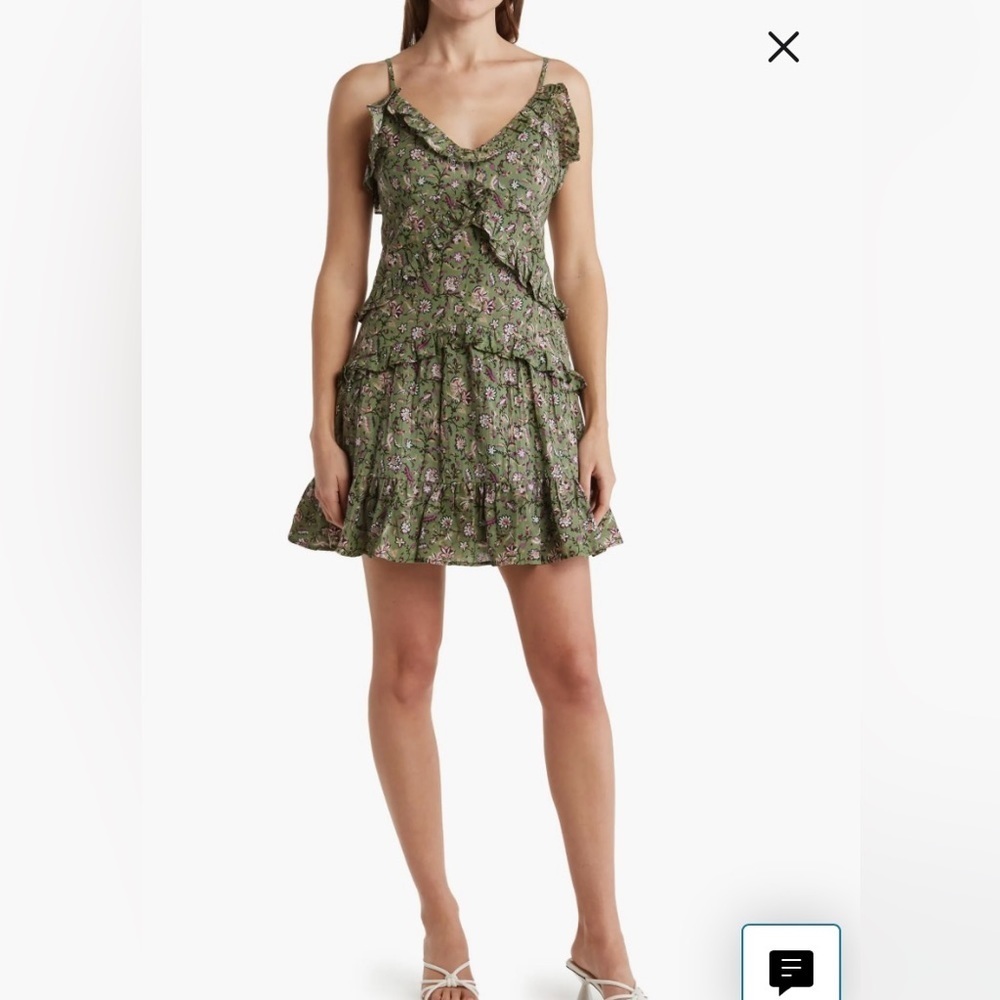 Maisie Floral Print Ruffle Cotton Minidress, XL, Green, Feminine GirlCore, NWOT